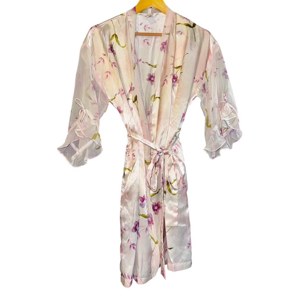 Private Luxuries Vintage Satin Robe Women Sm Floral Tulip Sleeve Pink Watercolor